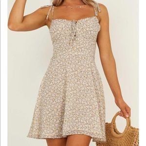 Beige Floral Mini Dress with Tie Straps